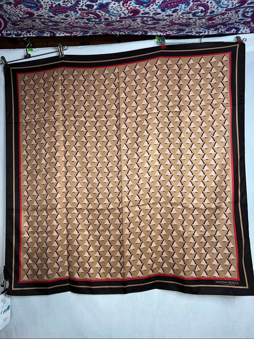 Marina Ronaldi NWT Polyester Geometric Square Scarf in Tan, Black & Red
